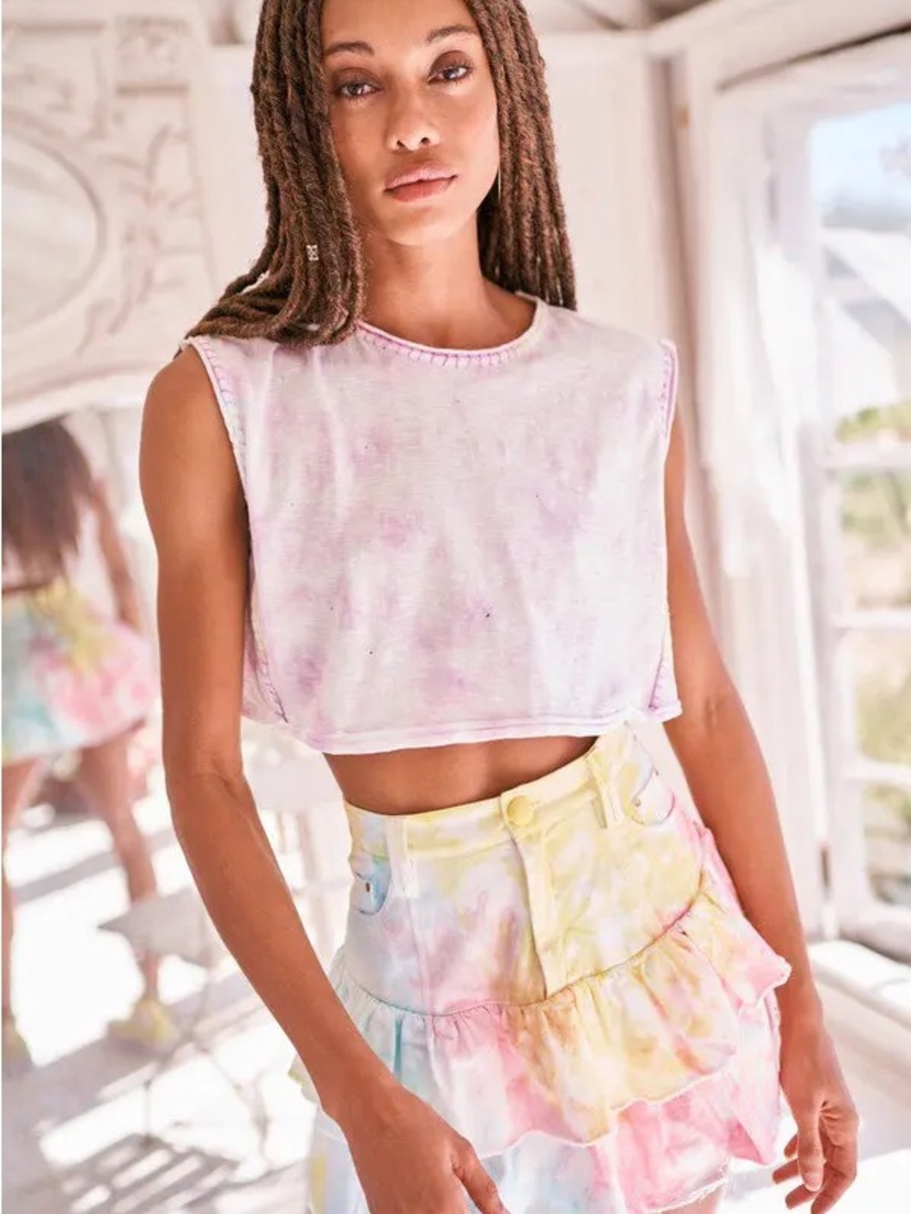 NWOT Loveshackfancy Ismay Tie Dye Pastel Crop Tee Top size Adult Small